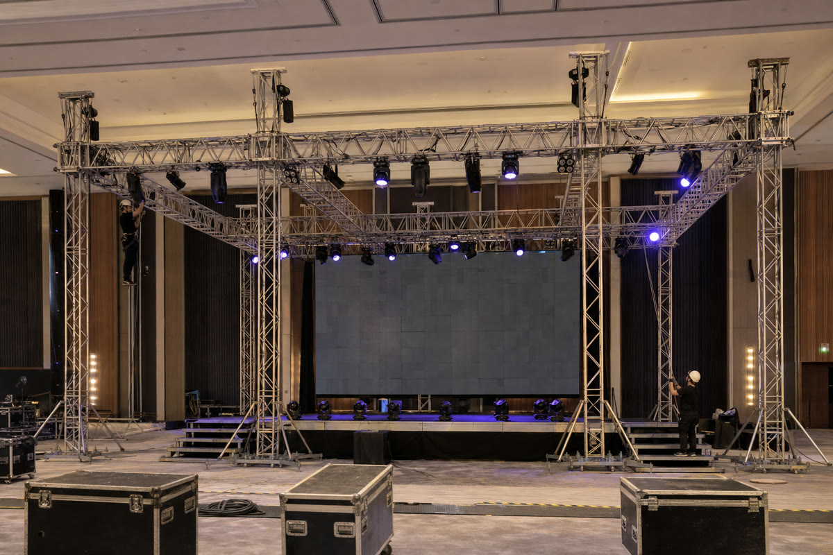 Temsili sahnede LED ekran, truss ve teknik ışık yerleşimi