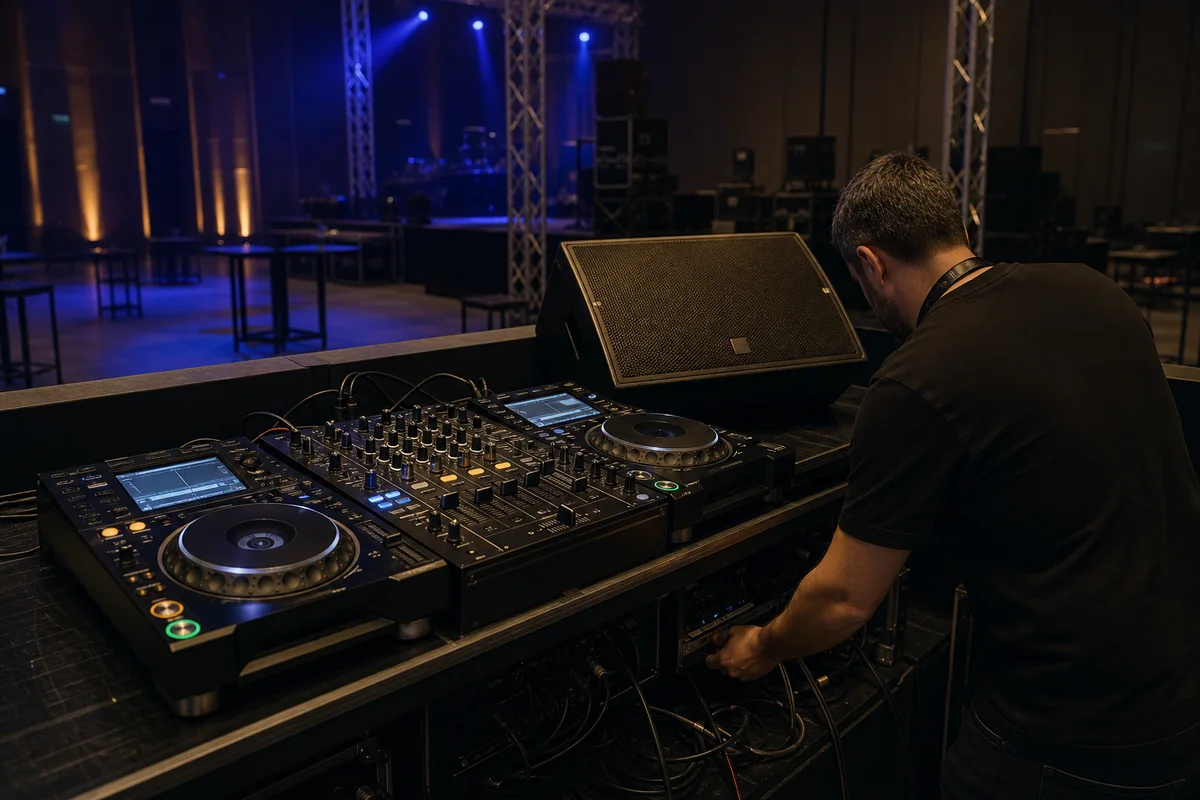 Temsili DJ setup üzerinde bağlantı kontrolü yapan teknik görevli